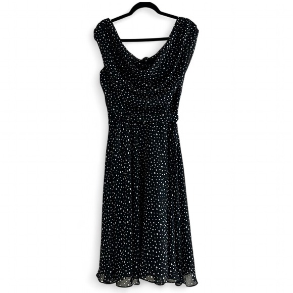 MSK Black Polka Dot Chiffon Sheer Dress Cowl Neck Drape Ruffle Midi Belted 12 - Picture 1 of 5